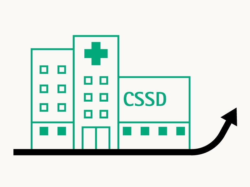 중앙공급실 건물과 건물 아래를 위로 가리키는 화살표가 있는 아이콘